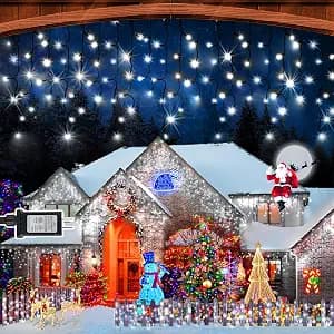 KNONEW 33FT 400 LED Christmas Lights Outdoor Black Wire String Lights with 75 Drops, 8 Lighting Modes, Timer Memory Function Connectable Hanging Curtain Lights for Halloween Party Decor (Cool White)