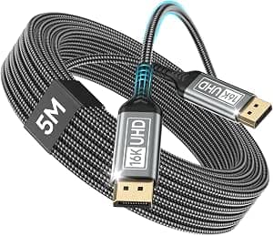 DisplayPort Cable 2.1 5M-DP Cable Supports 16K@60Hz, 10K@60Hz, 8K@120Hz, 4K@240Hz/165Hz/144Hz, 2K@360Hz/240Hz, 80Gbps, HDR, DSC1.2a, FreeSync, G-Sync for Gaming Monitor, Graphics Card, PC