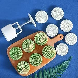 Mooncake Molds Set, Mid-Autumn Festival Hand-Pressure Moon Cake maker 6 pcs for baking, DIY Hand Press Cookie Stamps Pastry Tool(1 Mold, 6 Stamps). (75g)