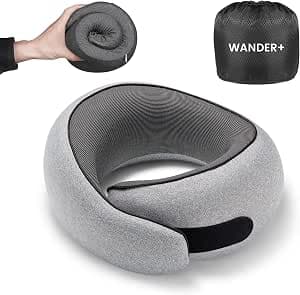 WANDER PLUS® Travel Pillow, 100% Pure Memory Foam Travel Neck Pillow Airplane Neck Support Ergonomic Design Best for Sleeping Plane Car Train Office Flight for Adults Grey