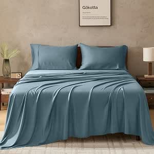 GOKOTTA King Size Sheets Set, FSC® Certified Bamboo Rayon Sheets King Size, Soft & Breathable Sheets,16” Deep Pocket King Sheets with Elastic Corner Straps,Moisture Wicking,Double Stitching, Blue