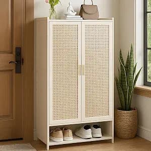 Shoe Cabinet with Doors, 7-Tier Bamboo Shoe Storage Cabinet for Entryway, Freestanding Shoe Rack Cabinet for Hallway Apartment, 42" Tall Modern Farmhouse Style, Holds 24 Pairs，Beige