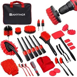 32Pcs Red Car Detailing Kit – Brush Set & Cleaning Kit with Drill Brush, Polishing/Waxing Pads, Interior/Exterior Tools for Wheels & Windshield – Portable Handbag