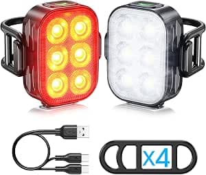 Bike Lights, Combination of Bike Front Light and Tail Light, IP65 Waterproof USB Charging, Equipped with 6 Ultra-Bright LED Beads, 4+6 Lighting Modes, Suitable for Riding at Night