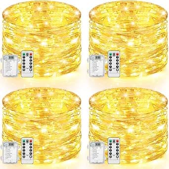 4 Pack 100 LED Fairy Lights Battery Operated with Timer & Remote, 33FT Waterproof Twinkle Lights Indoor Outdoor, Fairy String lights for Bedroom Classroom DIY Wedding Christmas Decorations, Warm White