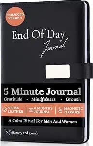 End of Day Journal - 5 Minute Daily Gratitude & Self Reflection Journal for Women & Men 2026, Guided Mindfulness, Productivity & Personal Growth Prompts, Vegan Leather, 120 GSM, Magnetic Closure