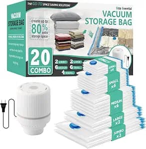 Cozy Essential 20 Pack Vacuum Storage Bags with Electric Pump, Vacuum Seal Bags for Clothing, Pillows, Blanket Bedding Comforters