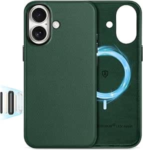 Shieldon Standard Case for iPhone 16 5G, Genuine Leather Case Magnetic Cover [Anti-Slip][Wireless Charging][Metal Button] [Camera Control] Case for iPhone 16 (6.1" 2024) - Oak Green