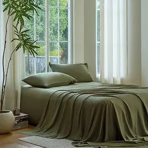 DOZ Sheet Set, 100% Viscose derived from Bamboo, Organically Grown, Buttery Soft, Cooling Sheets, High GSM, Deep Pockets - 4 Piece - 2 Pillowcases 1 Fitted 1 Top Sheet (Olive, King)
