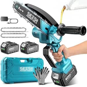 SEESII Mini Chainsaw Cordless 6 Inch with 2×4000mAh Batteries, Electric Saws for Tree Branches, Battery Powered Handheld Small Chain Saws for Limb Trimming Cutting,Gift for Men Dad Husband