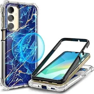 for Samsung Galaxy A16-5G Phone Case Marble Sapphire | Magnetic Compatible with MagSafe, Raised Corners Drop Protection Shockproof Protective Bumper Cover