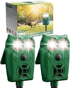 Solar Ultrasonic Animal Repellent with Motion Sensor - Waterproof Deer Repellent Device with LED Lights for Yard, Effective Against Deer, Coyotes, Raccoons & Cats (2, Green and Black)
