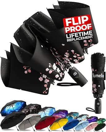 TUMELLA Inverted Windproof Umbrella, Large, Strong & Light, Portable and Automatic Reverse Folding Rain Umbrella, Durable Premium Grip, Fits Car & Backpack