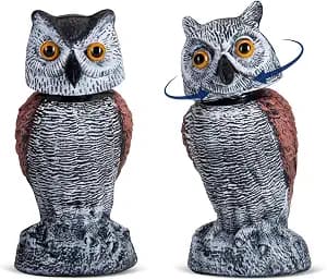 Arrigo Fake Owl Decoys to Scare Birds Away – 2pc Wind-Driven Rotating Head – Plastic Owl Statue Scarecrows – Realistic Deterrent for Critters & Squirrels - Garden, Patio, Boats, and Yard Decor