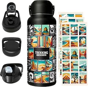 Original 32oz National Parks Water Bottle with 63 Waterproof/Tear Resistance Stickers & 3 Lids (Straw, Spout, & Chug)- Hiking Water Bottle for Traveling, Hiking, Camping, National Park Gifts