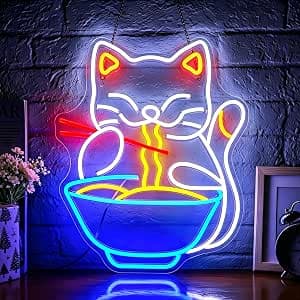 Neon Sign, Cat Ramen Neon Signs for Wall Decor - Dimmable Japanese LED Signs for Home, Restaurant, Kitchen, Party, Bars, Bedroom Decoration - USB Powered Light Up Sign Decorations