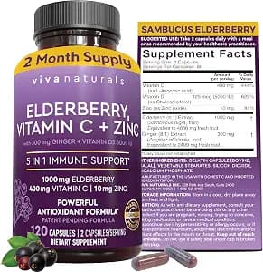 Viva Naturals Elderberry with Vitamin C and Zinc for Adults - 5 in 1 Sambucus Black Elderberry Capsules with Vitamin D3 5000 IU Immunity Supplement, Sambucus Elderberry Immune Support Supplement