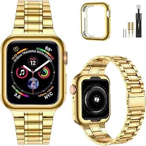 MioHHR Solid Stainless Steel Band Compatible with Apple Watch 44mm(Series 6/5/4/SE), 42mm (Series 3/2/1), Metal Strap with Soft TPU Case for iWatch Bands for Women and Men, Gold