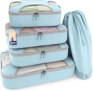 Shacke Premium 5 Packing Cubes Set - Lightweight Mesh Travel Luggage Organizers with Laundry Bag, 5-Piece Suitcase Storage System (Sky Blue)