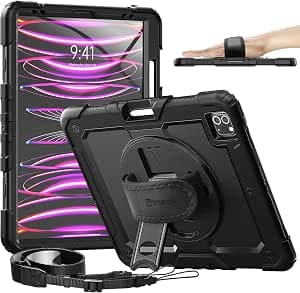 Timecity Protective Case for iPad Pro 12.9 inch 6th/ 5th/ 4th/ 3rd Generation, with Strong Protection, Screen Protector, Hand/Shoulder Strap, Rotating Stand, Pencil Holder - Black