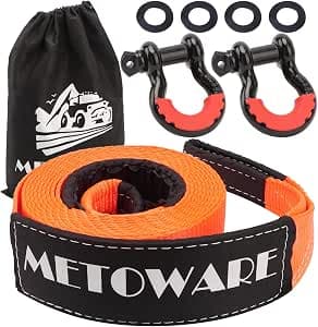 METOWARE Heavy Duty Tow Strap Recovery Kit - 3" x 20ft(35,000lbs) Tree Saver Winch Strap + 3/4" D Ring Shackles(2pcs) + Storage Bag - Truck, SUV, ATV Off Road Towing Strap Kit