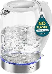 Cosori Electric Kettle, No Plastic Contact With Water, Wide Mouth For Easy Cleaning, Auto Shut Off, 1.7L Tea Kettle & Hot Water Boiler, Water Heater & Teapot, Borosilicate Glass, White, 1500W