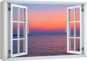 wall26 Canvas Print Wall Art Window View Tranquil Ocean Horizon and Pink Sunset Seascape Photography Realism Scenic Landscape Colorful Multicolor for Living Room, Bedroom, Office - 24"x36"