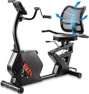 Kawnina Recumbent Exercise Bike for Home with Arm Exerciser, Extra Wide Seat, Ergonomic Back Support, Adjustable Seat Rail, 16 Level Magnetic Resistance, 420 LB Capacity