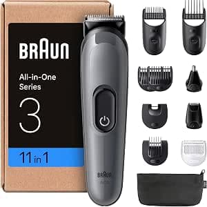 Braun All-in-One Trimmer Set 3, 11-in-1 Multigroom, Beard Trimmer, Nose Hair Trimmer, Hair Trimmer for Face and Head, 50 Min Battery, 14 Lengths (3-21 mm), Waterproof, AIO3565, Grey
