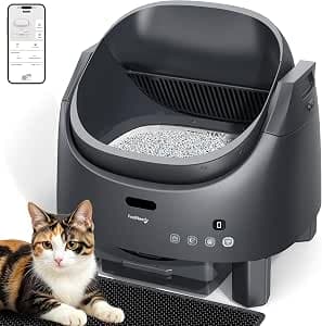 FEELNEEDY Cat Litter Tray Self-Cleaning with Odour Neutralisation System, Open Lid 41 x 43 cm for Cats 1-15 kg, App Control & Multiple Sensor Safety, Adjustable Entry Height