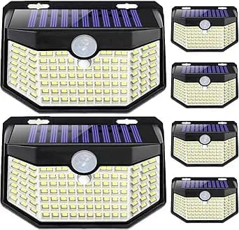 HMCITY 120 LED Outdoor Solar Lights with Motion Sensor and 3 Lighting Modes, IP65 Waterproof Wide Solar Wall Lights Ideal for Garden Patio Yard (Front Button 6Packs, Daylight White, 6500K)