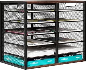 12 Compartments High Capacity Letter Tray, Adjustable Mail Organiser Storage Compartments, Stackable Document Tray, A4 Desk Paper Tray Organiser for Office/Home/School, Brown