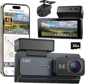 Dash Cam Front and Rear,4K+2K Dual Channel Dashcams for Cars,Dash Camera with 3.39” IPS Screen,Built-in Wi-Fi,24H Parking Mode,Included 32GB Card,GPS,G-Sensor,170° Wide Angle,WDR Night Vision