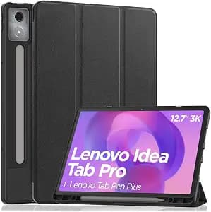 for Idea Tab Pro 12.7 inch Case 2025 with Pen Holder, Soft TPU Back Tablet Cover Case with Auto/Sleep (Black)