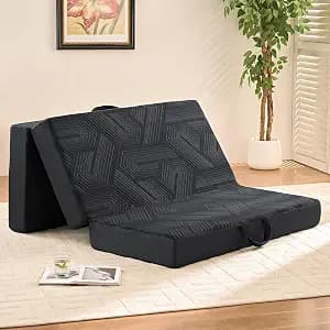 Memory Foam Mattress, Twin Size 6 Inch Tri-Fold Mattress, Handles and Non-Slip Bottom, Mattress Topper with Washable Cover, Foldable Bed for Yoga, Living Room, Camping, 75"x 38" x 6", Black