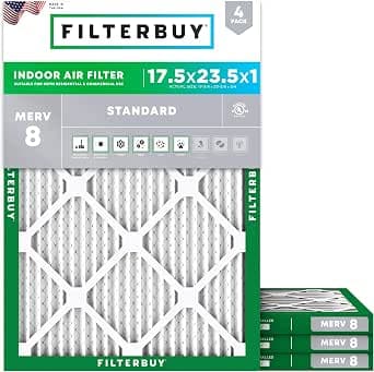 Filterbuy 17.5x23.5x1 Air Filter MERV 8 Essential Dust & Allergy Defense (4-Pack), Electrostatic Pleated HVAC AC Furnace Filters Replacement (Actual Size: 17.38 x 23.38 x 0.75)