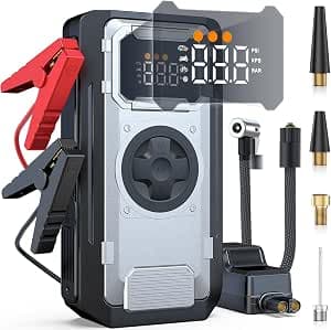 5000A Jump Starter with Air Compressor,150PSI Car Battery Tire Inflator (10.0L Gas/8.0L Diesel Engines),12V Car Battery Jump Box with Jumper Cables, LCD Display, LED Light,Power Bank