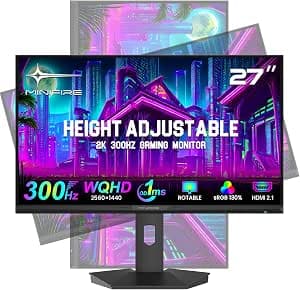 Minifire Gaming Monitor 27 Inches, 300Hz, 2K QHD (2560x1440), Fast IPS, 1ms (OD), HDMI 2.1 (FRL/VRR), DP 1.4, HDR, 10 Bit, Height-Adjustable Professional Stand (Pivot), VESA 100x100, Kensington Lock