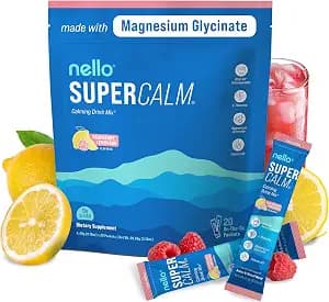 Nello Supercalm Powdered Drink Mix, Cortisol Reducer and Sleep Aid Supplement, L Theanine, Ksm-66 Ashwagandha, Magnesium Glycinate, Vitamin D 3, No Sugar, Non GMO, On The Go, 20 Ct, Raspberry Lemonade