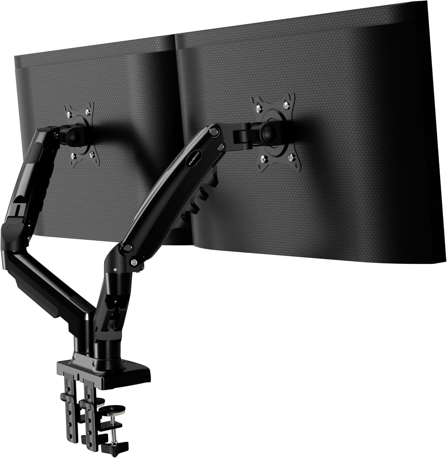 Invision Monitor Halterung 2 Monitore für 19 bis 32-Zoll-Bildschirme – VESA 75 & 100 mm Schreibtischklemme – Höhenverstellung Neig- Schwenkbar und Dreht – Erhöhte Tragfähigkeit von 2-9 kg (MX400)