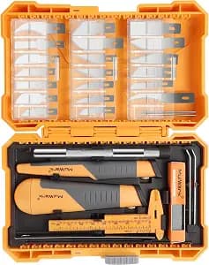MulWark 41-Piece Precision Hobby Knife Set - Exacto Knife Set For Modeling - Craft Knife Handle Customized With Chiseling, Stencil Edge And Fine Point Blades With Sharpening Stone And Steel Ruler