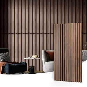 Art3d 2 Wood Slat Acoustic Panels for Wall and Ceiling - 3D Fluted Sound Absorbing Panel with Wood Finish - Walnut