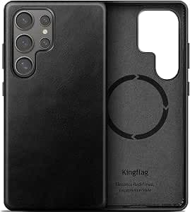 Genuine Leather Case for Samsung Galaxy S25 Ultra, Compatible with Magsafe, Oil Wax Top-Grain Leather, Metal Buttons (Midnight Black, S25 Ultra)