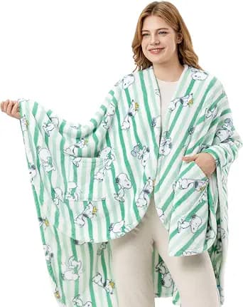 Berkshire Peanuts® Wearable Throw – Snoopy Print PrimaLush™ Plush Shawl Blanket, 58" x 64"