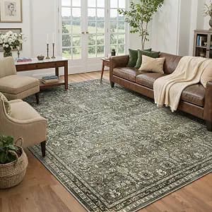 Lahome Mirae Large Dark Olive Green Area Rugs, Washable Area Rugs 9x12 Living Room, Boho Bedroom Mats Under Bed, Soft Stain Resistant Non-Shedding Thin Carpet for Dining Room Apartment