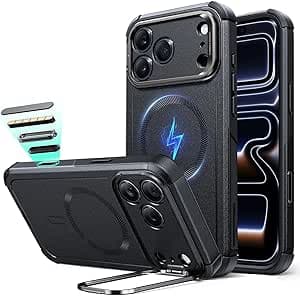 ESR for iPhone 17 Pro Max Phone Case with Stash Stand, 7X Military-Grade Drop Protection with Camera Control, Shock-Absorbing Rugged Cover, Compatible with MagSafe Accessories, Cyber Series, Black