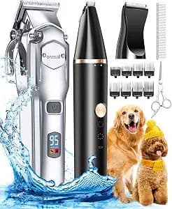 oneisall Dog Grooming Kit for Heavy Thick Hair&Coats/Low Noise Rechargeable Cordless Waterproof Dog Clippers for Grooming Animals&Pets/Pet Shaver with Stainless Steel Blade and Paw Trimmer