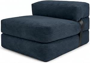 bananair - Adult Convertible Single Sofa Bed - Removable Corduroy Extra Mattress - Practical & Comfortable Folding Futon Foam Padded (70 x 190 cm, Blue)
