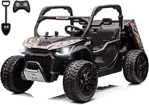 2 Seater 24V 10Ah Ride On Dump Truck Kids UTV with EVA Tires Ride on Toys for Big Kids with Remote Control 4WD Ride on Car Side by Side Truck with Electric Dump Bed, Shovel, Camo Black