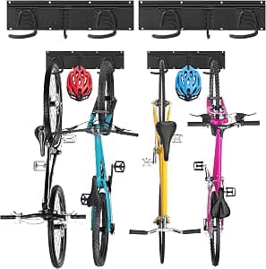 Sinoer Bicycle Wall Rack, Wall Holder for 4 Bicycles + 2 Helmets, Adjustable Tool Storage Hooks for Garage or Home, Vertical Bicycle Hanger (Inner Width: 90 mm) - 2 Rails